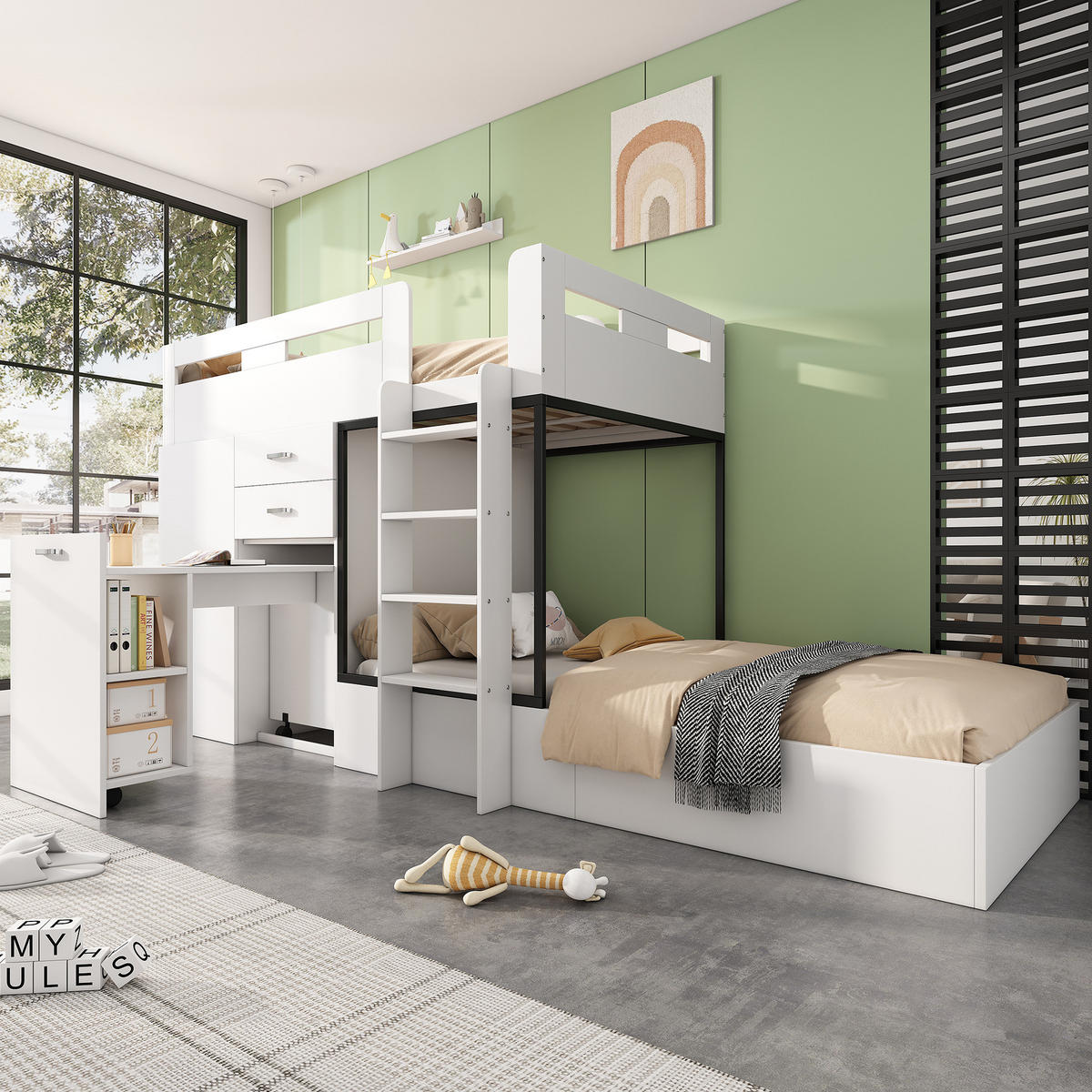 POSCHODOVÁ posteľ 90/200 cm biela/čierna s výsuvným písacím stolom a šatníkom z MDF - biela, kompozitné drevo (90/200cm) - OKWISH