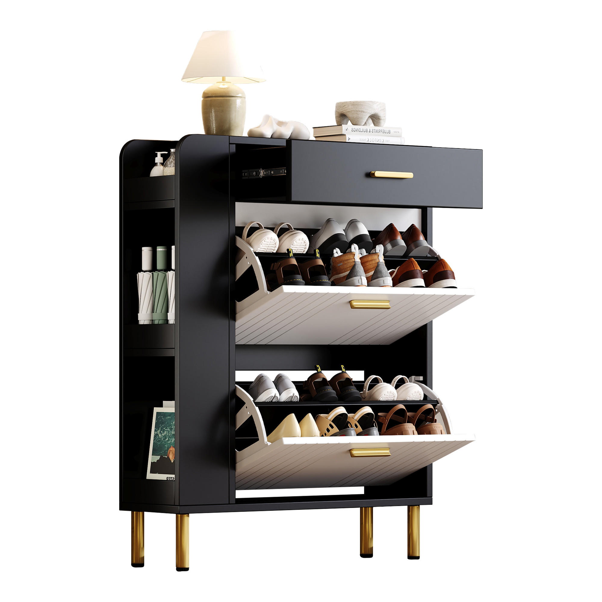 SCHUHSCHRANK aus MDF & Spanplatte 80x24x105cm in Schwarz mit 2 Klappen - Schwarz, Holzwerkstoff (80/105/24cm) - Modfu