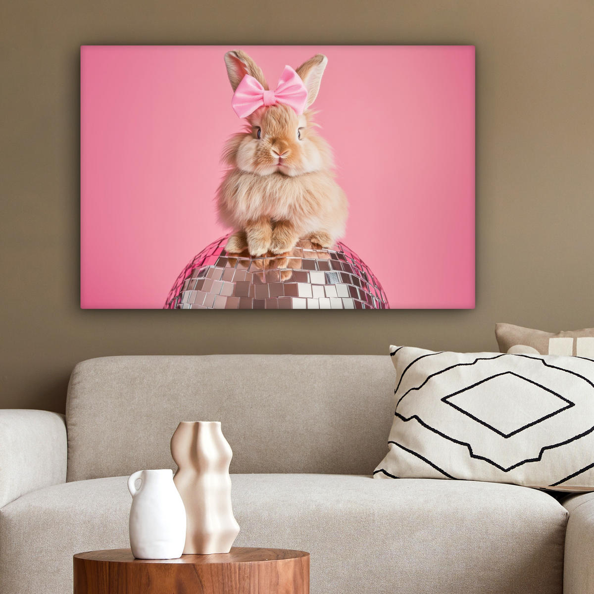 LEINWANDBILD Schleife - Discoball - Kaninchen Gemälde 60x40 cm - Pink, Textil (60/40cm) - MuchoWow