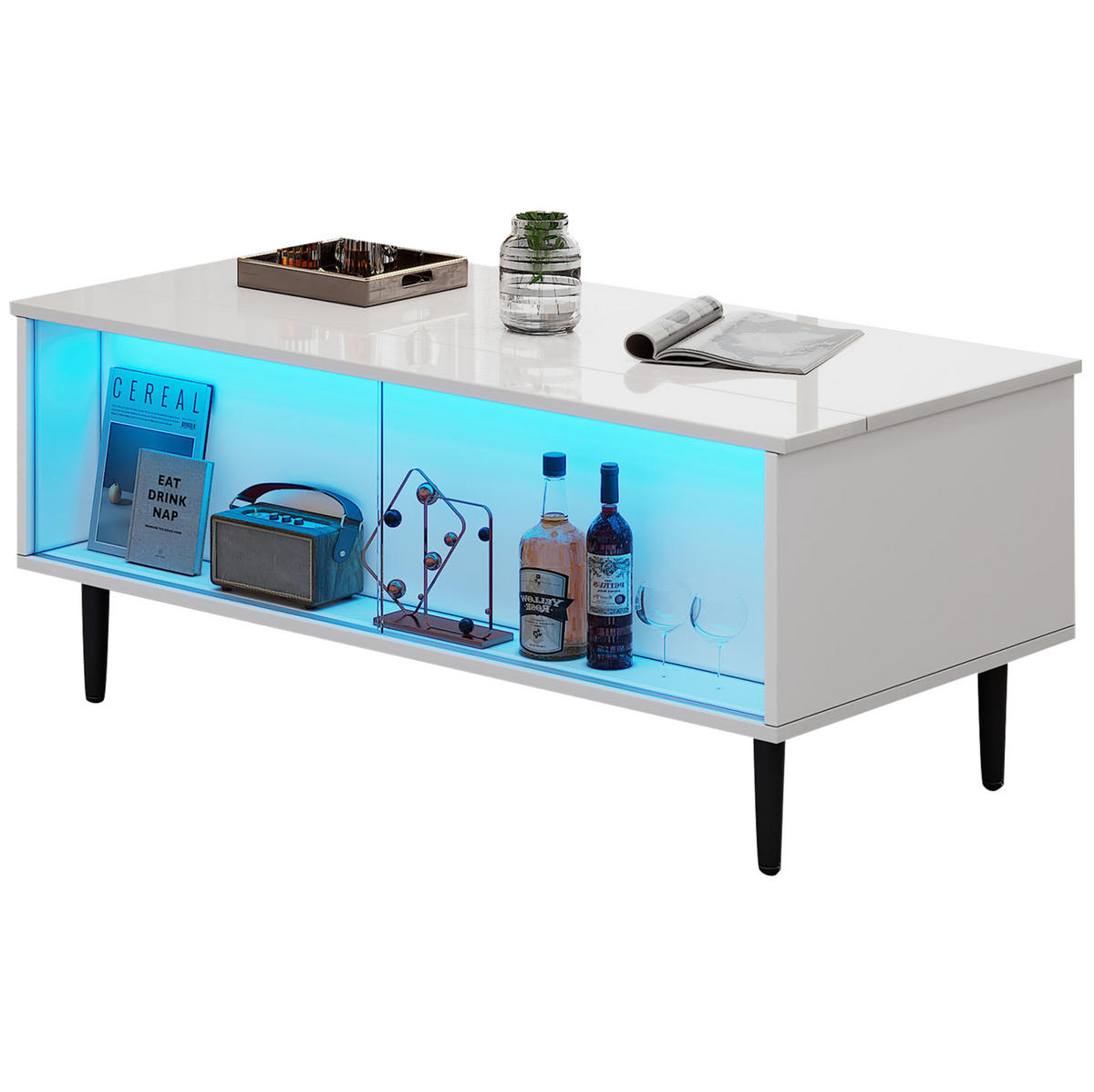 KLUB stolić 105/50/43 cm bijeli od iverice s podiznom pločom LED rasvjetom i skrivenim spremištem - bijela, drvni materijal (105/50/43cm) - OKWISH