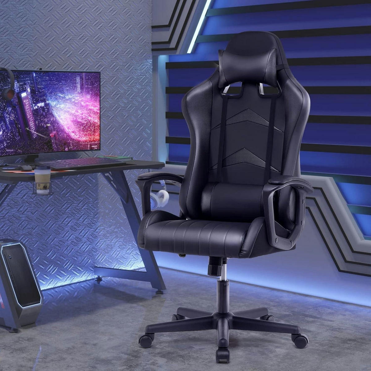 GAMING Stuhl mit Kopf- und Lendenkissen Schwarz 52 x 49 x 130 cm - Schwarz, Kunststoff (49/130/52cm)