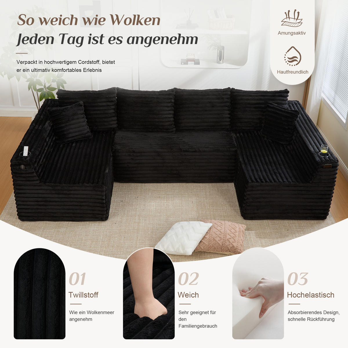 WOHNLANDSCHAFT 320/155/88 cm Schwarz mit Getränkehalter und Seitentasche - Schwarz, Textil (320/88/155cm) - Oxeza