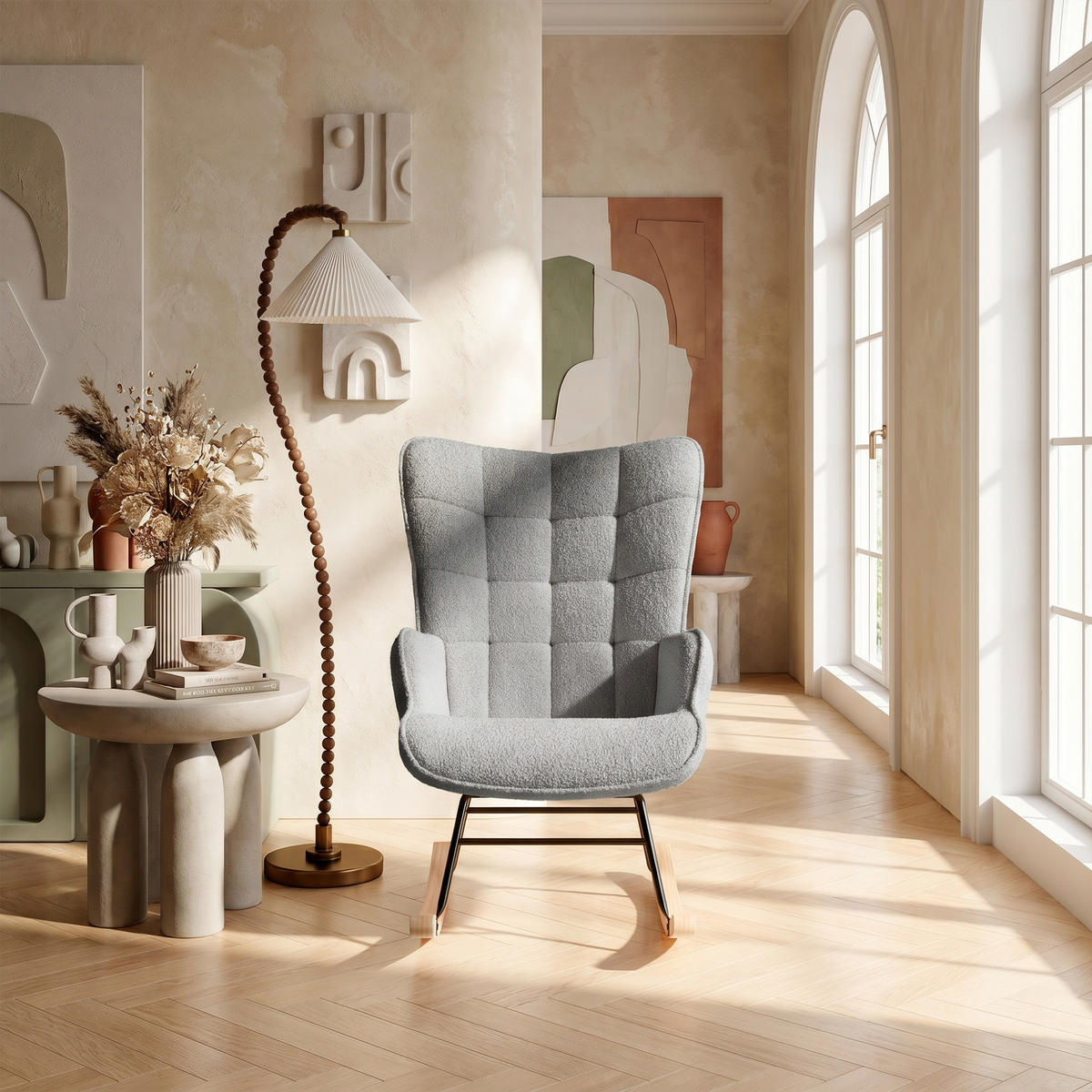SCHAUKELSTUHL, Entspannend, Teddy-Velours, Belastbarkeit 120 kg, Dunkelgrau - Dunkelgrau/Kieferfarben, Holz/Textil (68/92/75cm) - GENKI LIVING