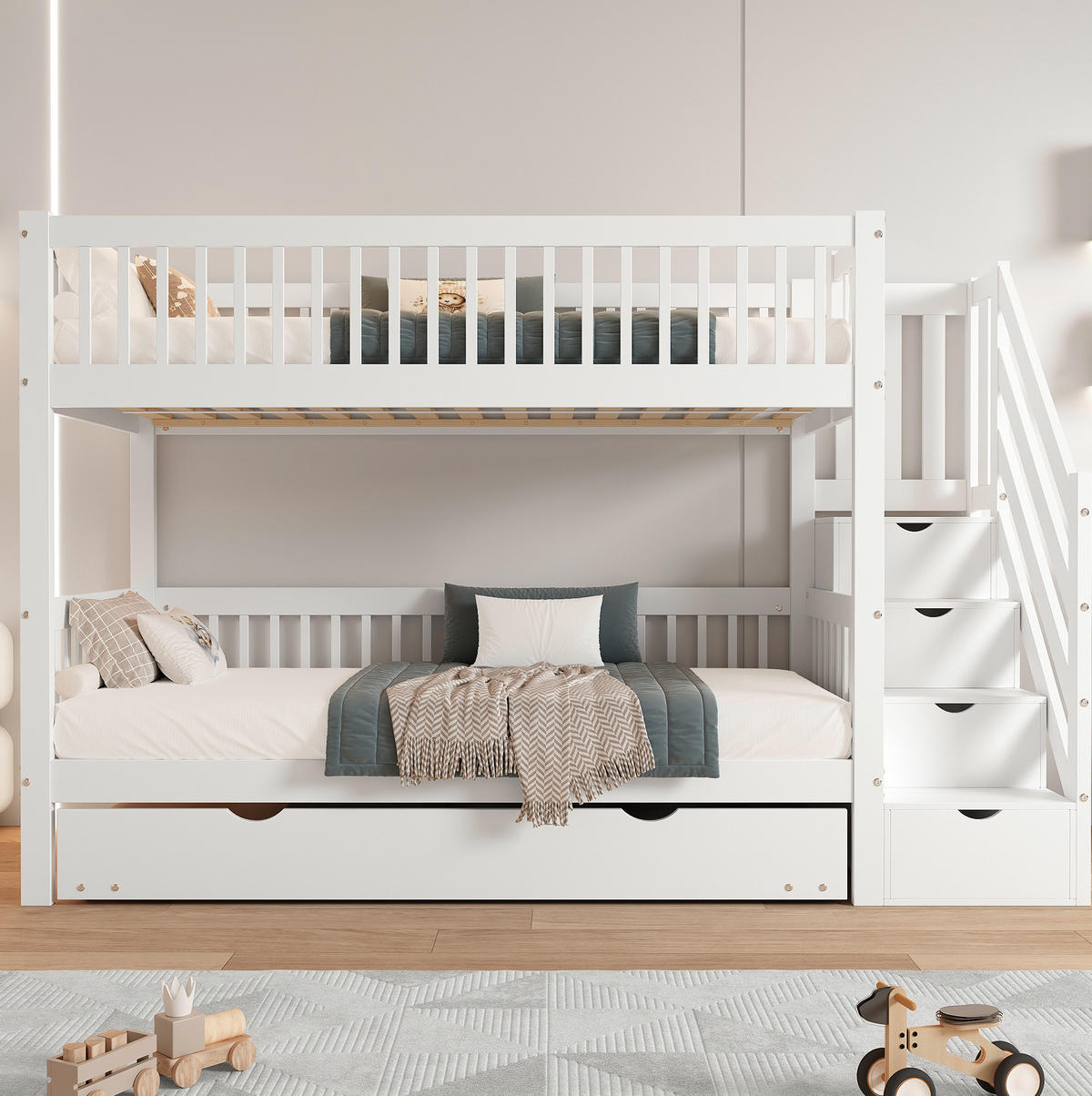ETAGENBETT 90/200 cm in Weiß mit Rollbett und Leiterschrank - Weiß, Holz (90/200cm) - Flora Grace