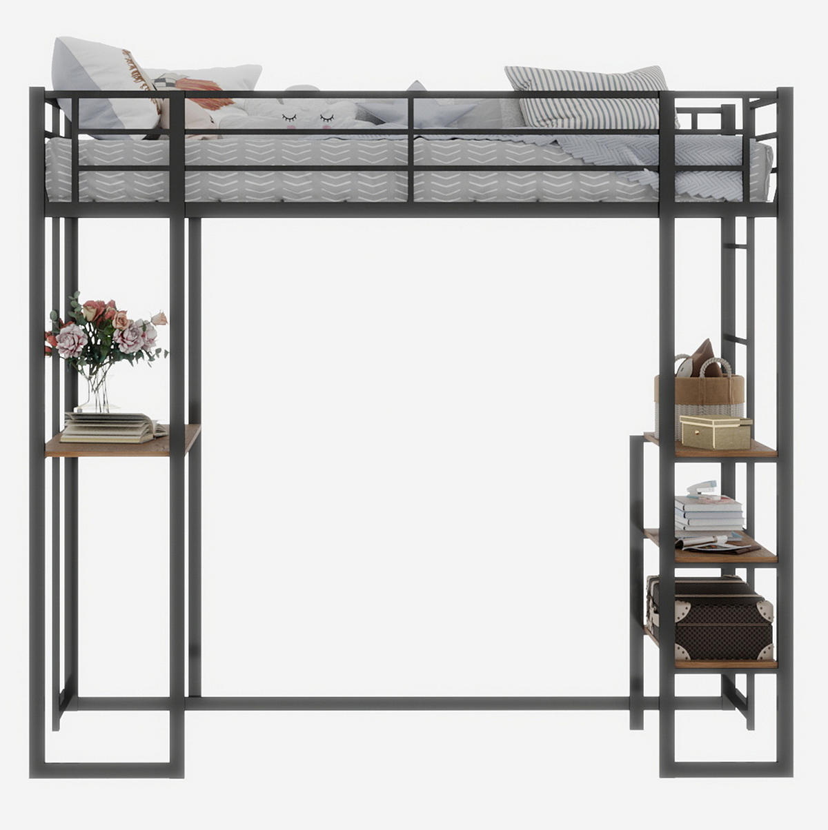 ETAGENBETT 90/200 cm schwarz aus Eisen mit Schreibtisch und beidseitiger Leiter - Schwarz, Metall (90/200cm) - OKWISH