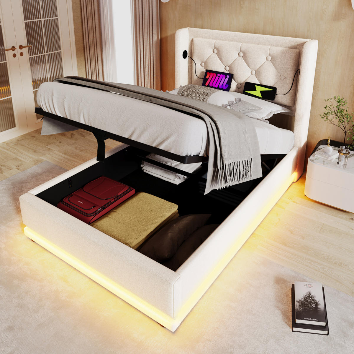 ČALÚNENÁ posteľ z bavlny 90x200 cm béžová s hydraulickým úložným priestorom, LED a USB-C - béžová, textil (90/200cm) - Modfu