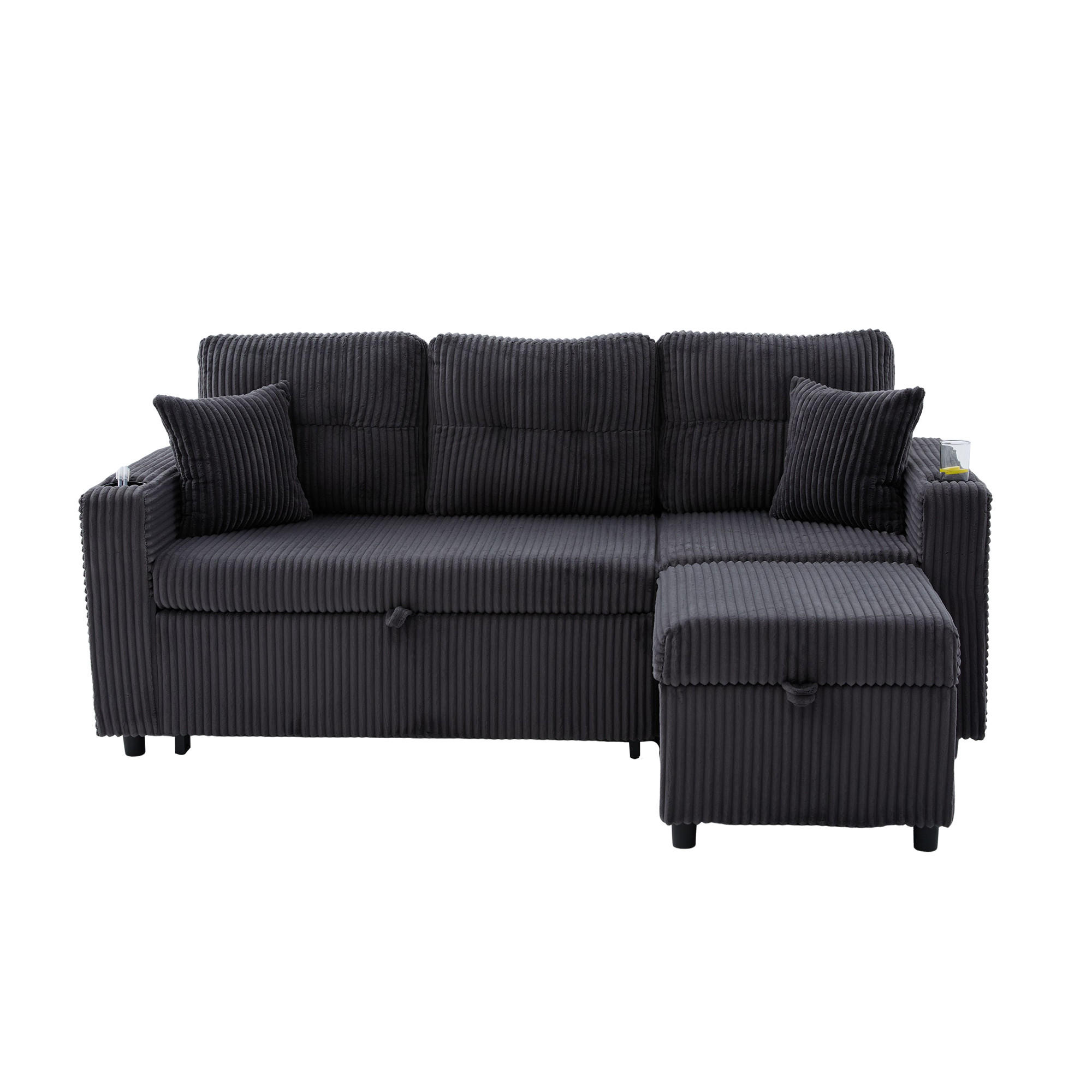 ECKSCHLAFSOFA 196/144/85 cm Dunkelgrau mit Stauraum, USB-C, Ambientebeleuchtung und Getränkehaltern - Dunkelgrau, Textil (196/82cm) - Oxeza