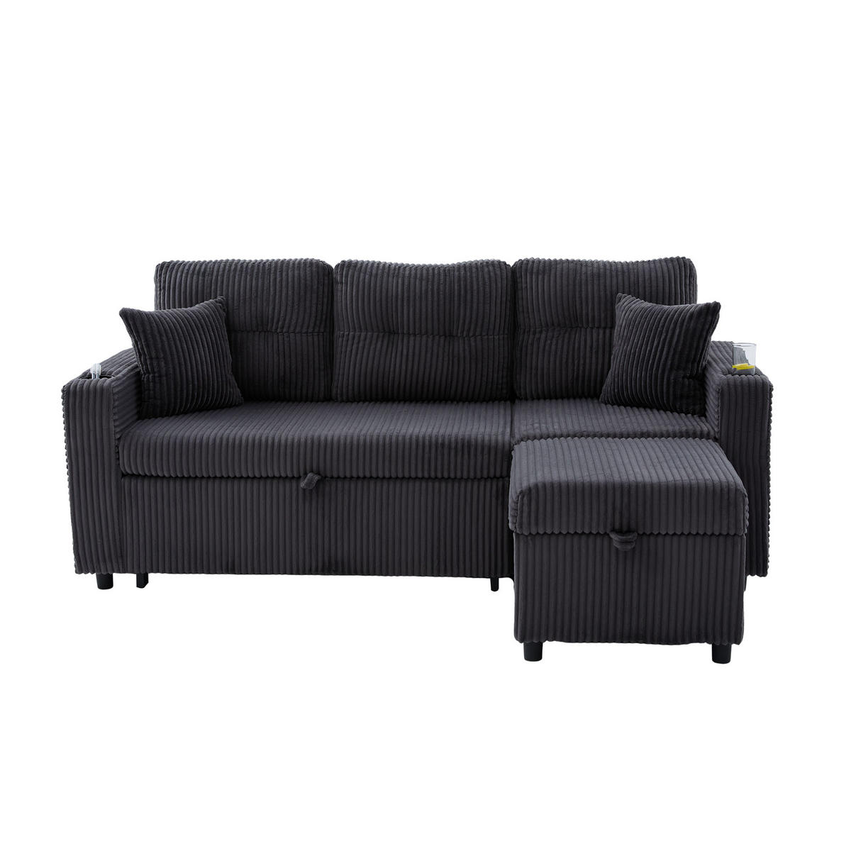 SCHLAFSOFA 3-er Sofa mit Schlaffunktion,Aufbewahrungshocker,Cord,Dunkelgrau - Dunkelgrau, Textil (196/85/119cm) - LVHOM