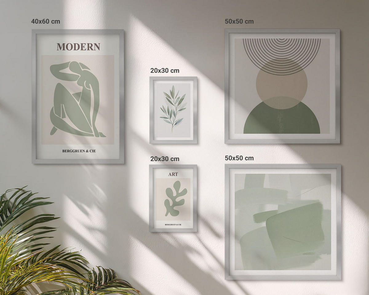 BILDER SET 5er Set - 50x50 cm & 20x30 cm & 40x60 cm Silberner Rahmen - Stilvolle abstrakte Pflanzengrafiken - Silberfarben, Kunststoff (40/60cm) - TULUP