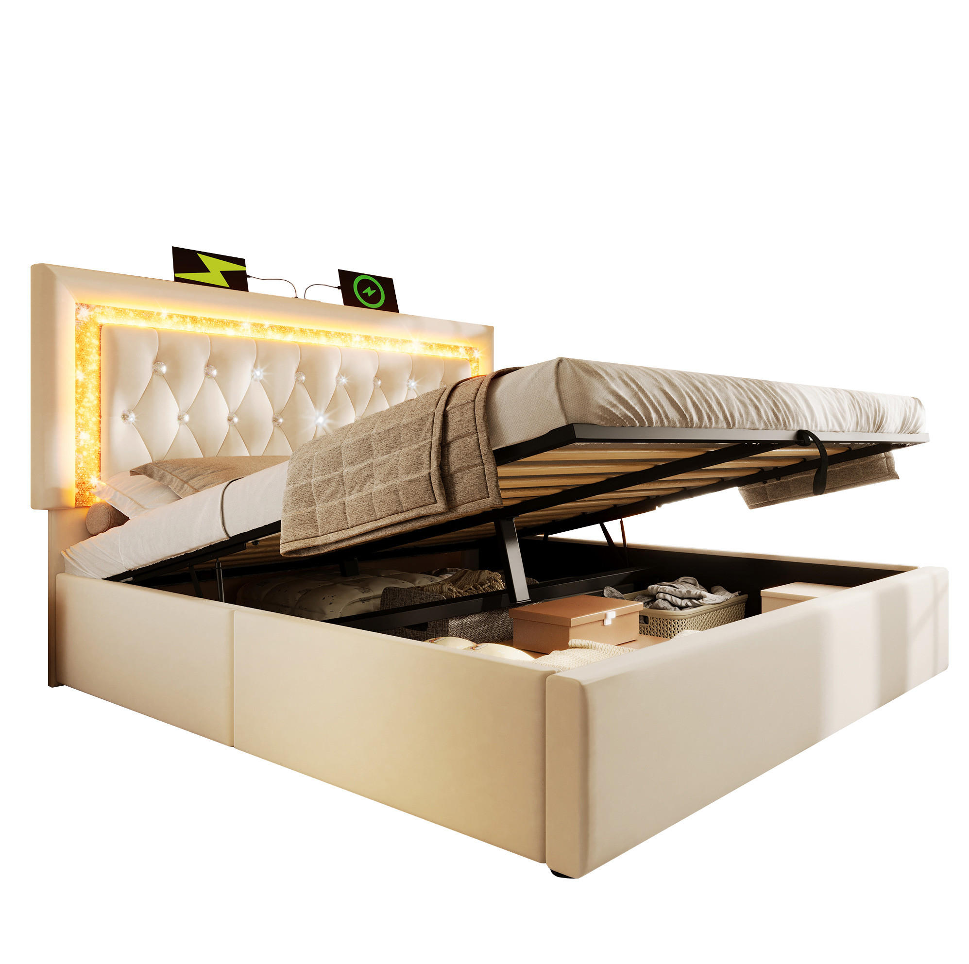 POLSTERBETT 140/200 cm Beige aus Samt mit Stauraum und LED-Beleuchtung mit Matratze - Beige, Textil (140/200cm) - OKWISH