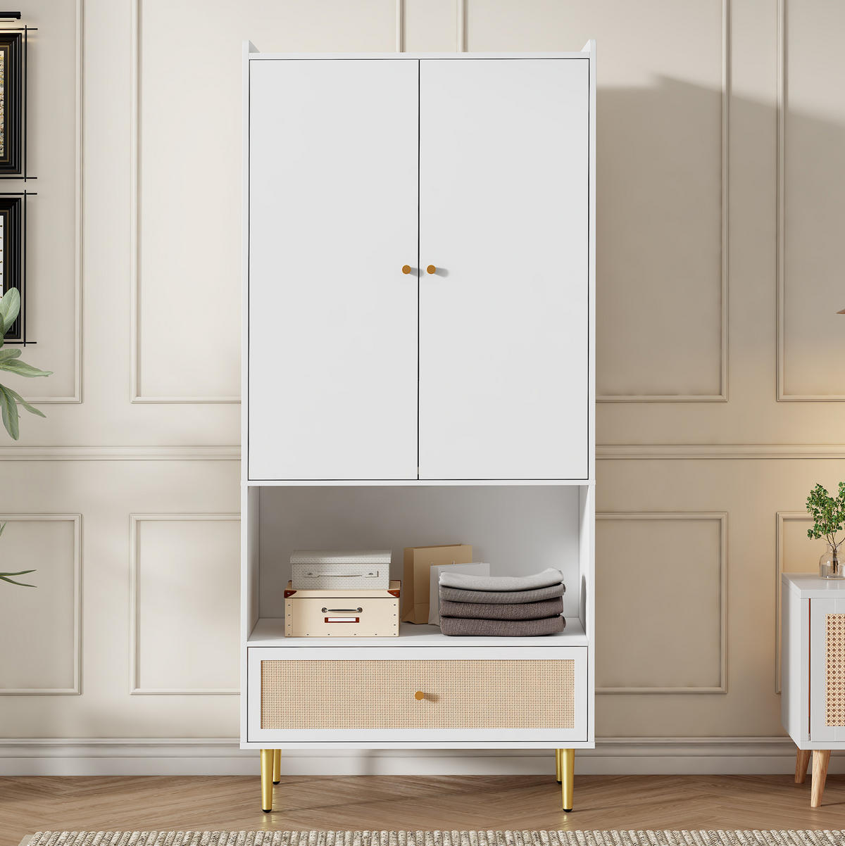 KLEIDERSCHRANK aus Spanplatte 48x80x175 cm Weiß/Natur mit 2 Türen, Schublade und Kleiderstange mit PE-Rattan-Fronten - Naturfarben, Holzwerkstoff (80/175/48cm) - Modfu