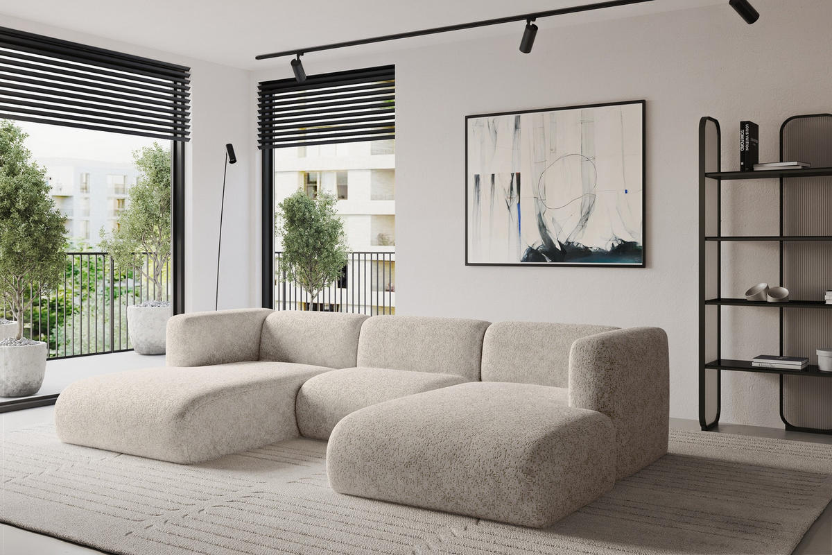 WOHNLANDSCHAFT MIRA-U1 317x179x70 Beige Velours - Beige/Schwarz, Holzwerkstoff/Kunststoff (317/70/179cm) - ALTDECOR