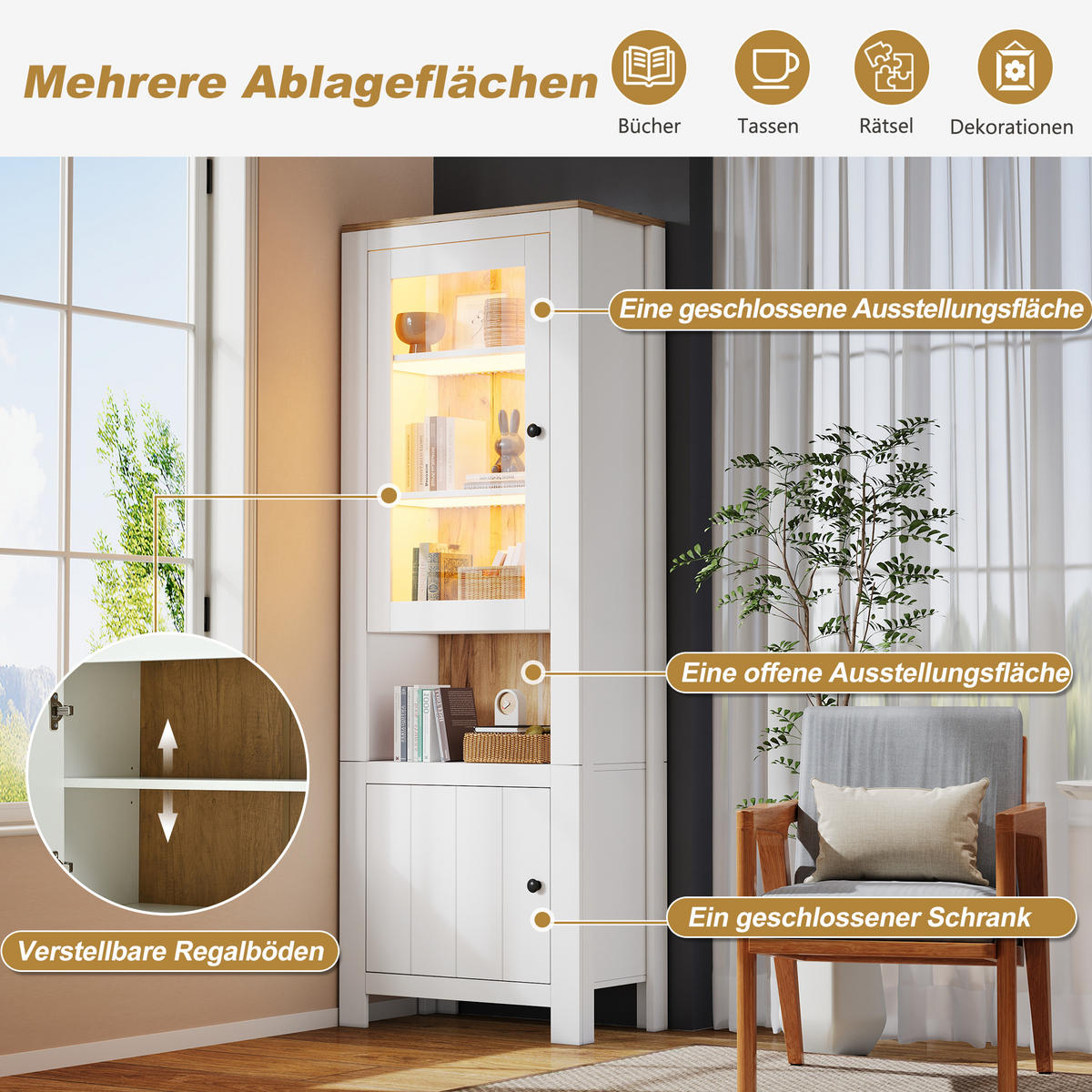 VITRINE LED Hochschrank Glas 188cm 6 Böden Weiß Holzoptik - Weiß, Holzwerkstoff (70/188/40cm) - FLIEKS
