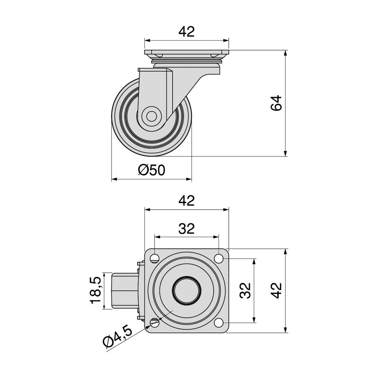 ROLLEN Slip mit Montageplatte, Durchmesser 50mm, Stahl und Kunststoff, Grau 4er-set - Grau, Metall (4.2/7/4.2cm) - EMUCA
