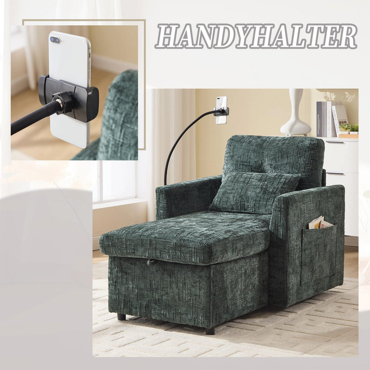 SCHLAFSOFA in Smaragdgrün aus Chenille mit Handyhalterung & Stauraum - Grün, Textil (84.5/87/125cm) - Urban Meuble