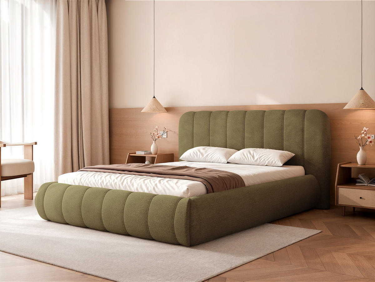POLSTERBETT Gallo 140x200 cm Olivgrün Chenille – (Doppelbett mit Bettkasten, Lattenrost, voluminöses Kopfteil) - Olivgrün, Holz/Holzwerkstoff (140/200cm) - Ravio