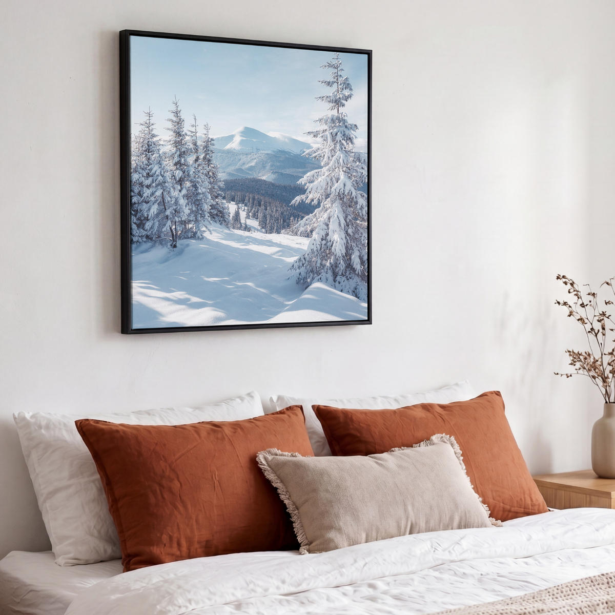 LEINWAND Bilder mit Rahmen - Winterlandschaft - Natur - Berge - Bäume - Schnee - 50x50 - Hellblau, Textil (50/50cm) - MuchoWow