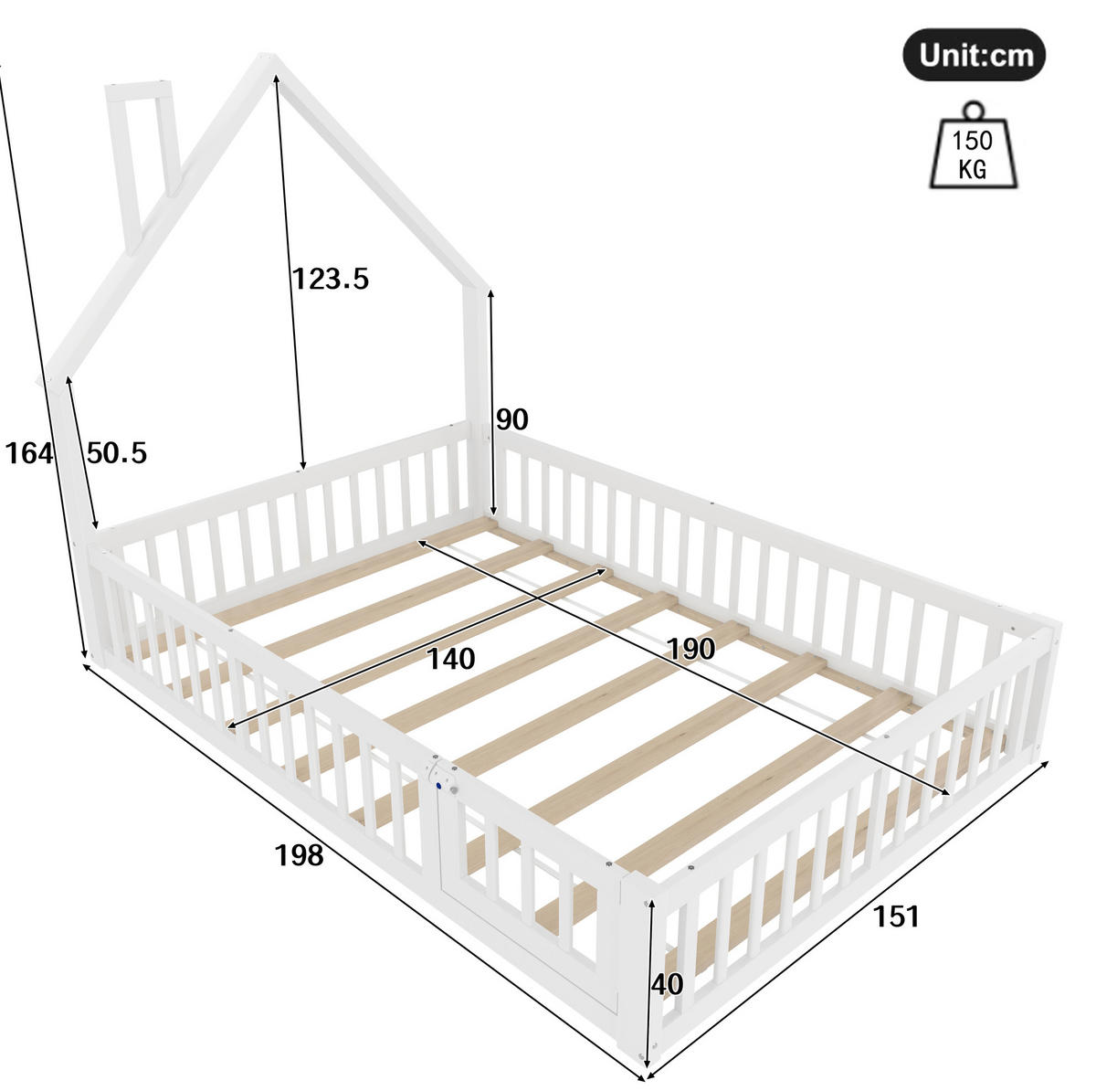 KINDERBETT 140/190 cm in Hausform mit Schornstein und Rundum-Sicherheitsgitter - Weiß, Holzwerkstoff (140/190cm) - BEAOK