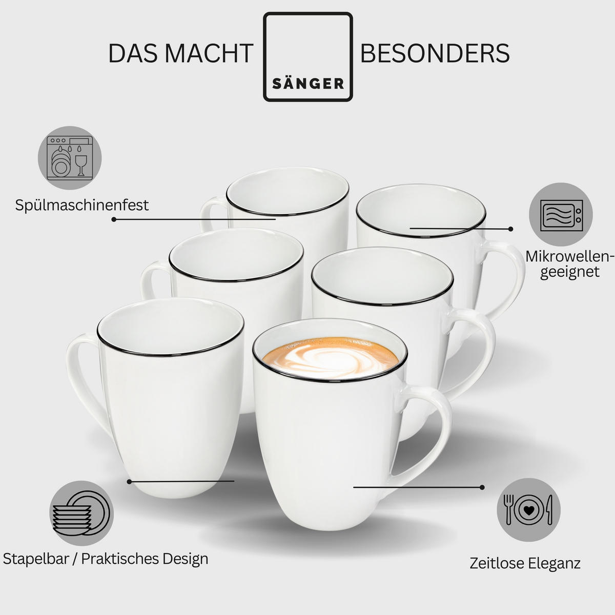 KAFFEEBECHER SET MARLO BLACK RIM LIMITED EDITION - 6 teilig aus Porzellan - Weiß, Keramik (0.35L) - Sänger