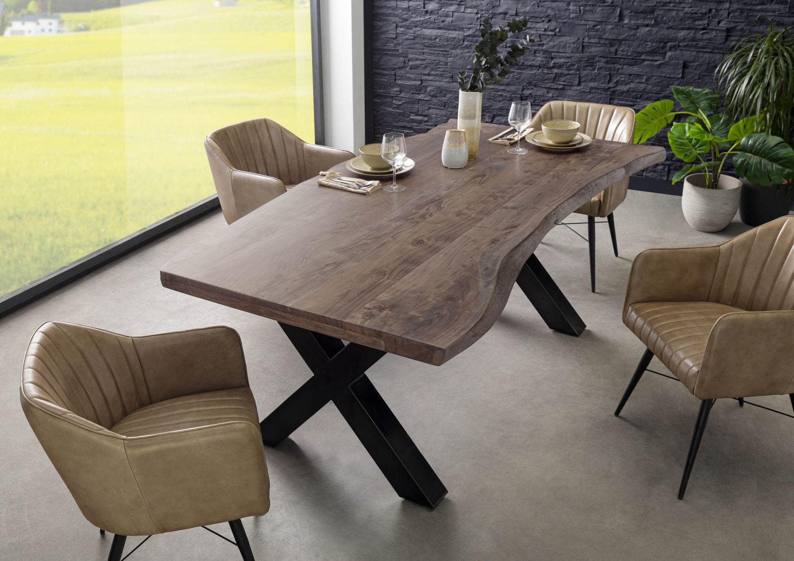 BAUMTISCH Akazie 200x100x77 grau lackiert / X-Beine anthrazit glänzend FREEFORM 5 - Grau, Holz (200/100/77cm) - Massivmoebel24