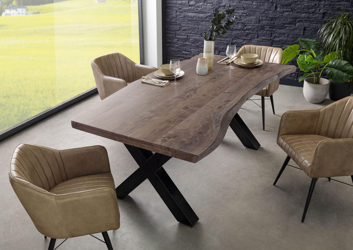 BAUMTISCH Akazie 220x100x77 grau lackiert / X-Beine anthrazit glänzend FREEFORM 5 - Grau, Holz (100/220/77cm) - Massivmoebel24