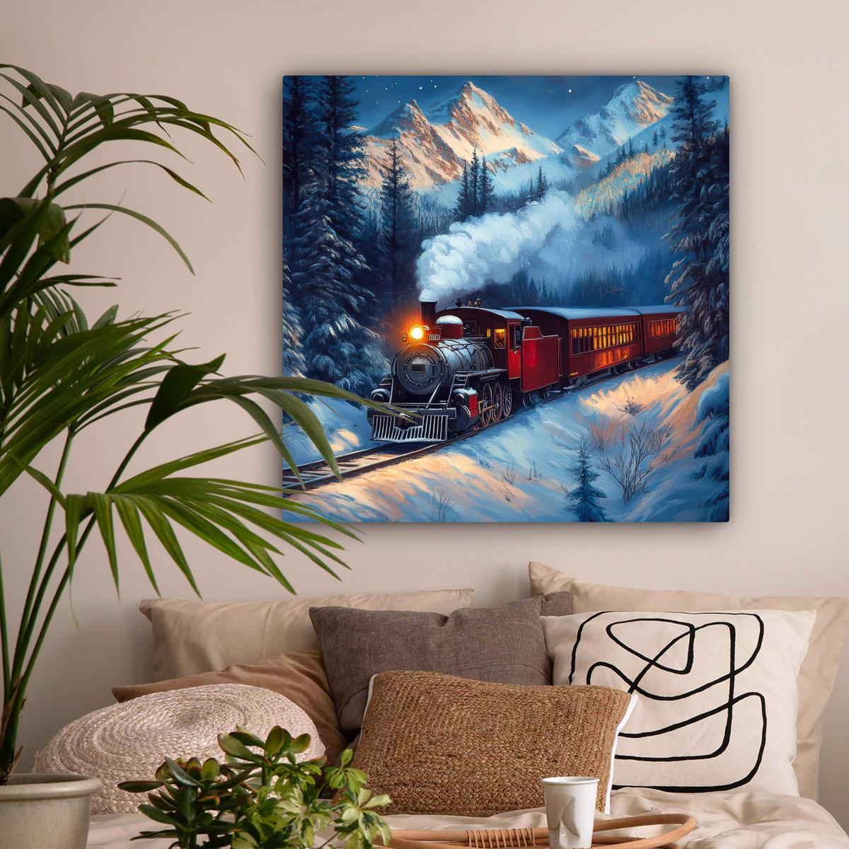 LEINWANDBILD Zug - Weihnachten - Schnee - Weihnachtszug 90x90 cm - Anthrazit, Textil (90/90cm) - MuchoWow