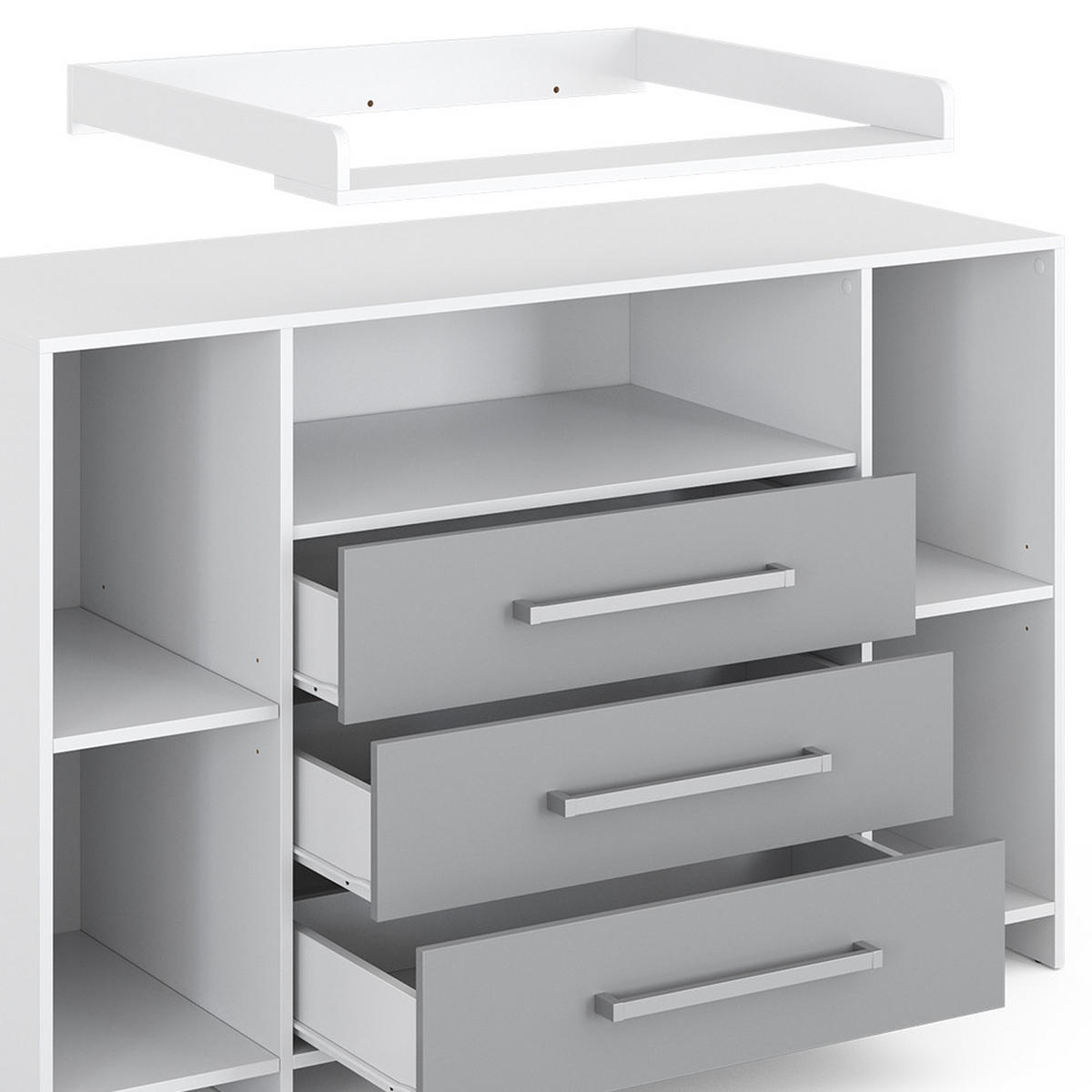WICKELKOMMODE Oskar Weiß/Grau 143 x 100 cm XL mit Schubladen - Weiß/Grau, Holzwerkstoff (143/100/70cm) - Vicco