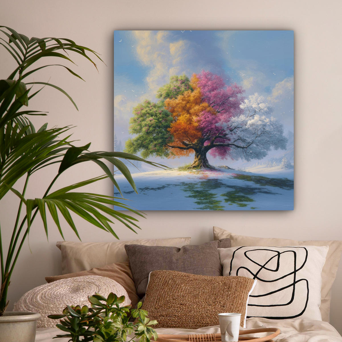 LEINWANDBILD Baum - Jahreszeiten - Winter - Landschaft Deko Groß 90x90 cm - Multicolor, Textil (90/90cm) - MuchoWow