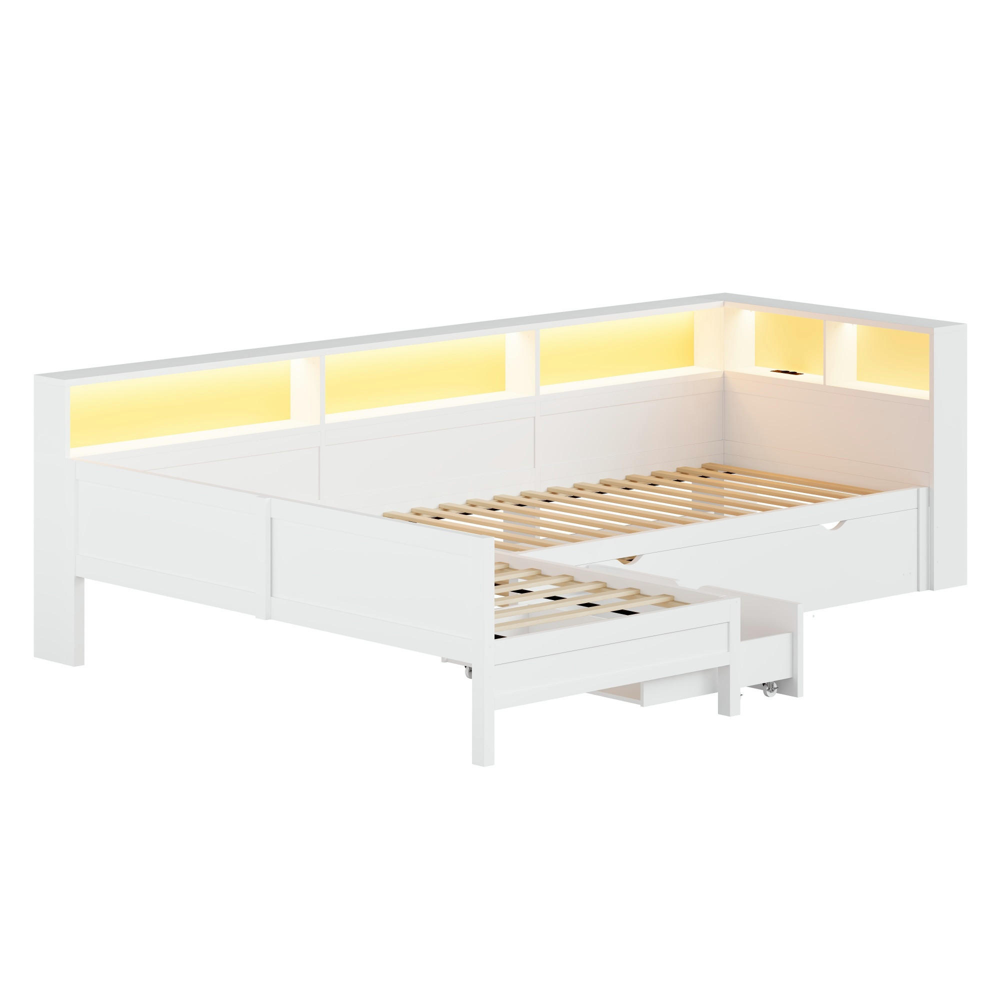 KINDERBETT 90/200 cm DE-03375, mit L-förmig, Ausziehbett, Ablagefächern und LED, in Weiß - Weiß, Holzwerkstoff (90/200cm) - ComfortXL