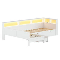 KINDERBETT 90/200 cm DE-03375, mit L-förmig, Ausziehbett, Ablagefächern und LED, in Weiß - Weiß, Holzwerkstoff (90/200cm) - ComfortXL
