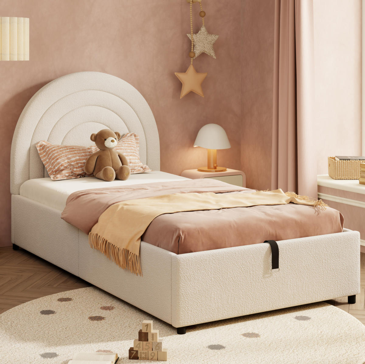 POLSTERBETT 90/200 cm beige aus Bouclé mit Stauraum - Beige, Holzwerkstoff (90/200cm) - OKWISH
