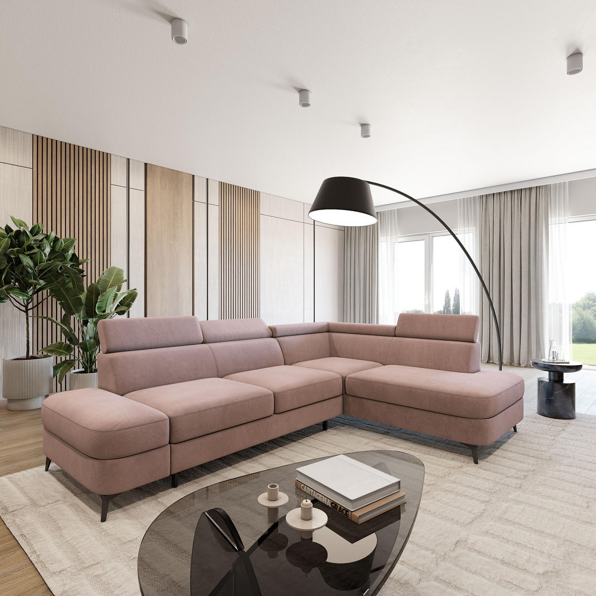 ECKSOFA AVISE MV R-S Rosa Velours-Stoff mit Schlaffunktion - Rosa, Holzwerkstoff/Textil (268/195cm) - MASSENO