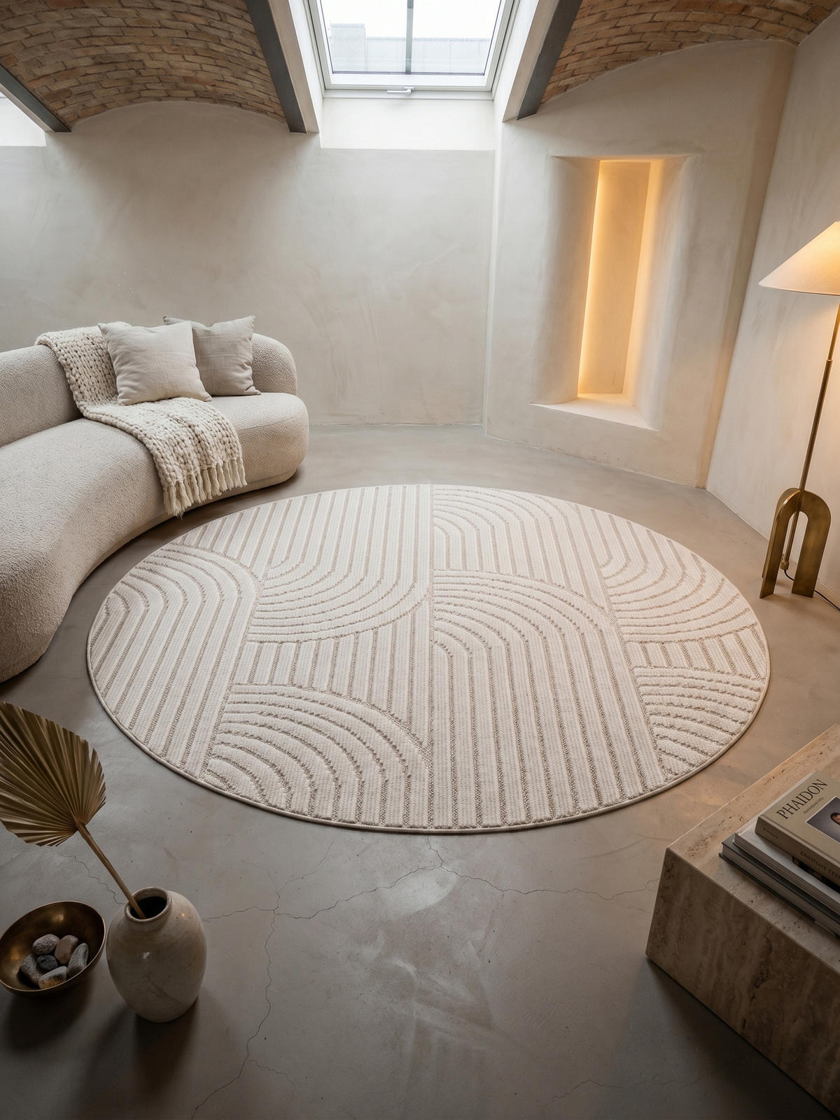 TEPPICH Flachgewebe LANGAU in Creme, mit geometrischen Bögen, Ø 80 cm - Beige, Textil (80/80cm) - KADIMA DESIGN