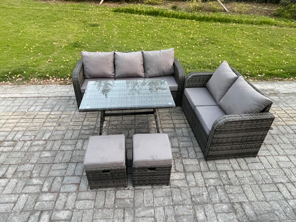 GARTENMÖBEL SET Polyrattan Dunkelgrau 7-Sitzer - Dunkelgrau/Grau, Glas/Kunststoff - Fimous