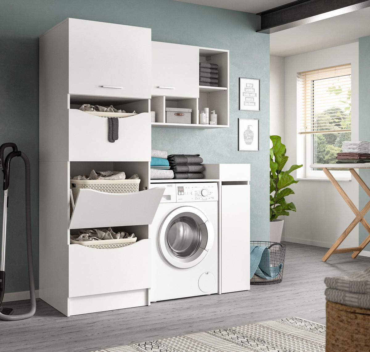 WASCHMASCHINENSCHRANK weiß Set 4-teilig, Waschmaschinenumbau 155 cm mit viel Stauraum - Silberfarben/Weiß, Glas/Holzwerkstoff (155/196/68cm) - Inn.Furn