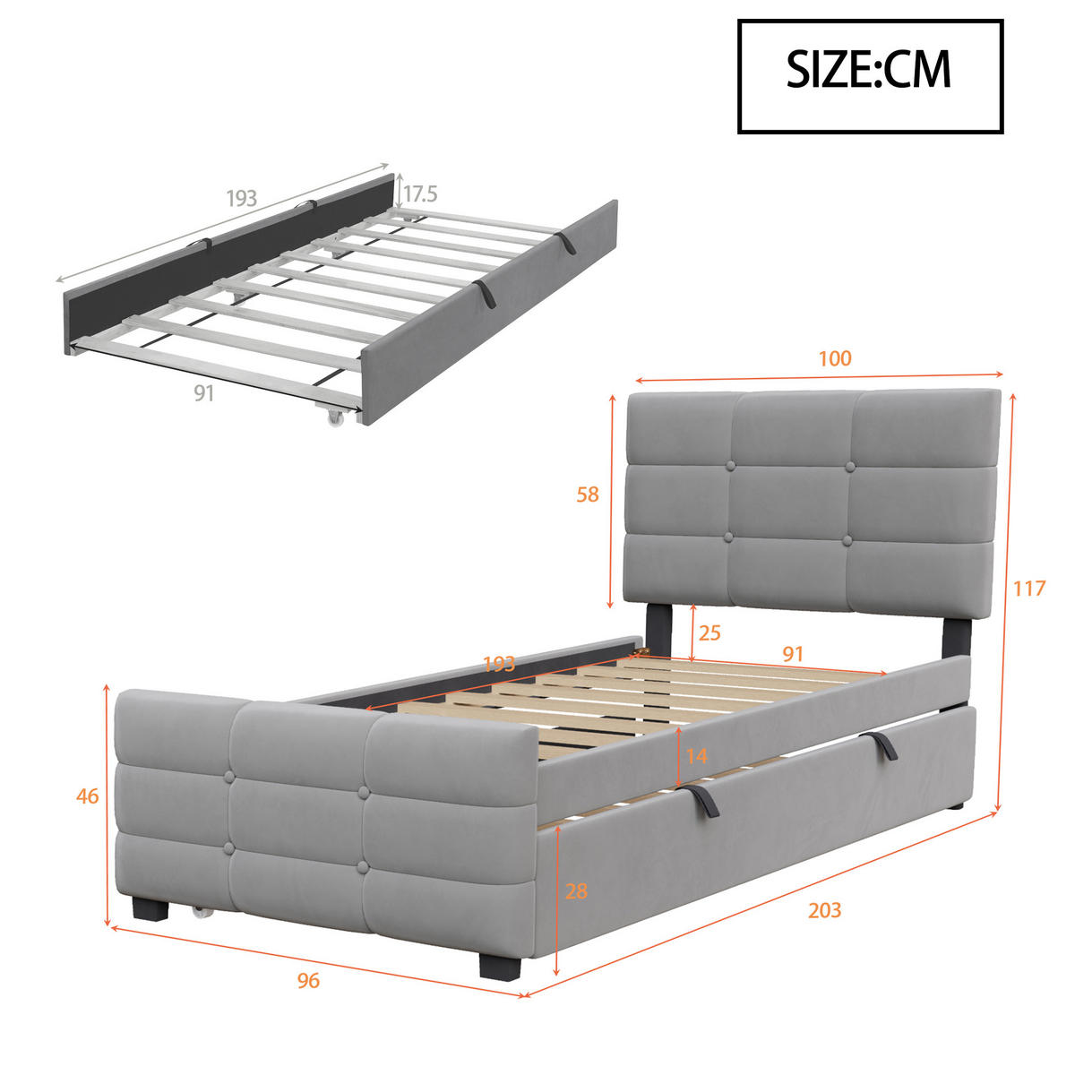 POLSTERBETT aus Samtstoff 90x190 cm in Grau mit ausziehbarem Bett - Grau, Textil (90/190cm) - Modfu