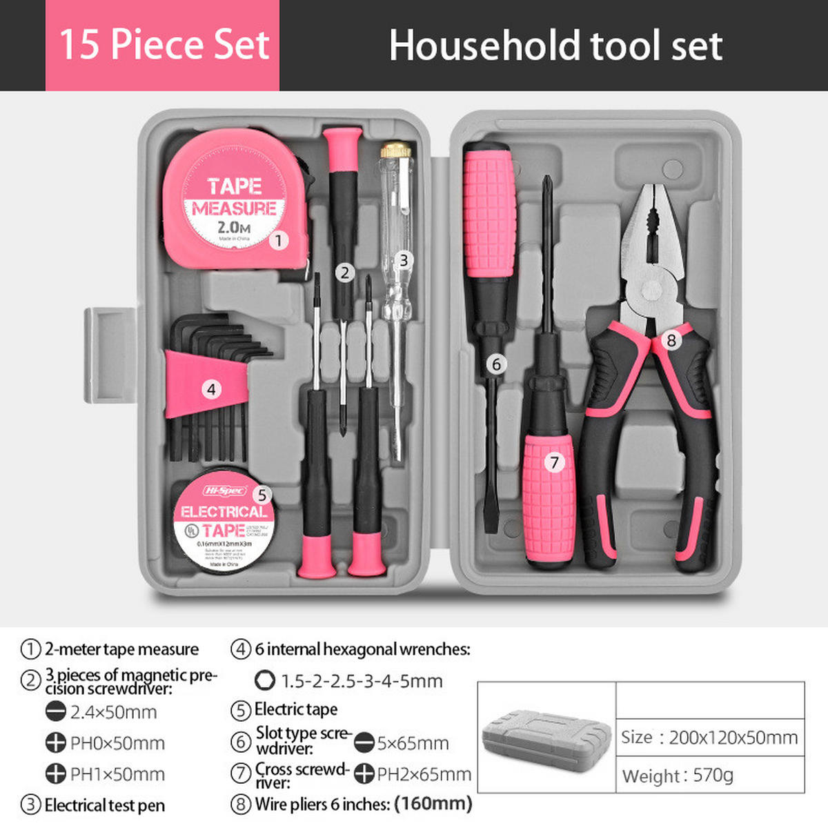 WERKZEUGSATZ 15-tlg. in Rosa Haushalts-Werkzeugset mit Koffer aus Stahl - Pink, Metall (12/20/5cm) - Livingandhome