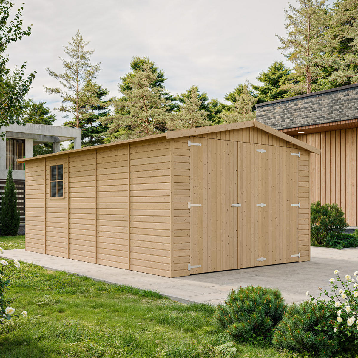 LESENA garaža 15 m² - H222x516x324 cm - Panelna konstrukcija - M101 - naravne barve, les (303/183/493cm) - Timbela