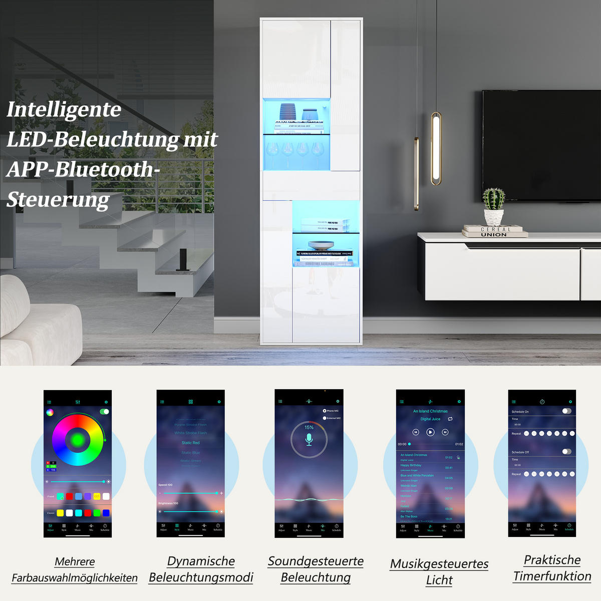 VITRINE LED Hochglanz Glasvitrine 1 Schublade 4 Türen Weiß 170cm - Weiß, Holzwerkstoff (55/170/38cm) - FLIEKS