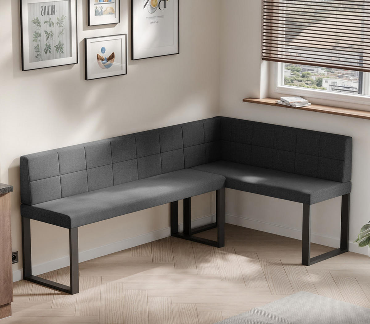 ECKBANK rechts SANA U Webstoff gesteppt, 196/142 cm Anthrazit - Anthrazit, Textil/Metall (142/196cm) - Idohome