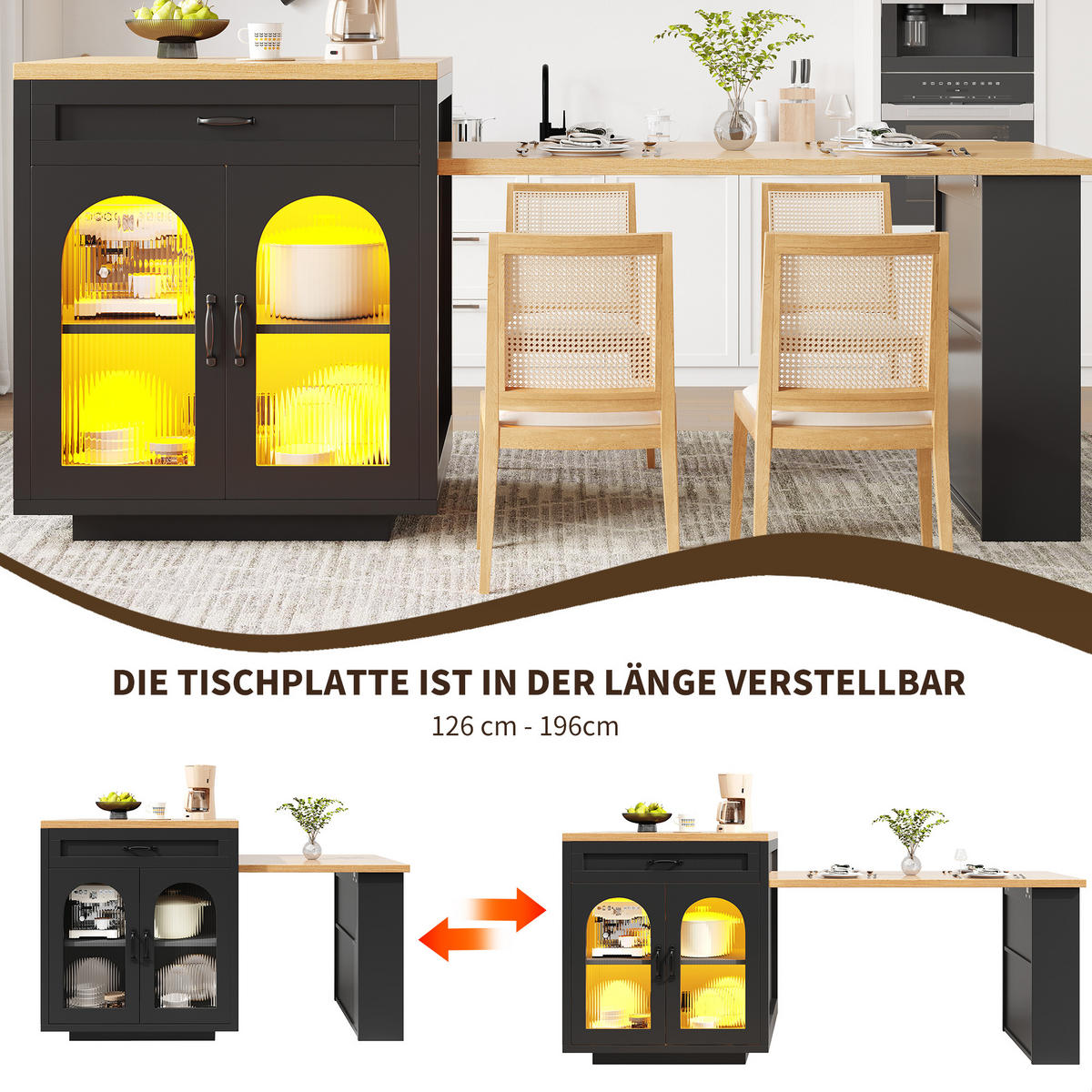 BUFFET 196/59/94 cm schwarz aus MDF mit LED - Schwarz, Holzwerkstoff (196/94/59cm) - OKWISH