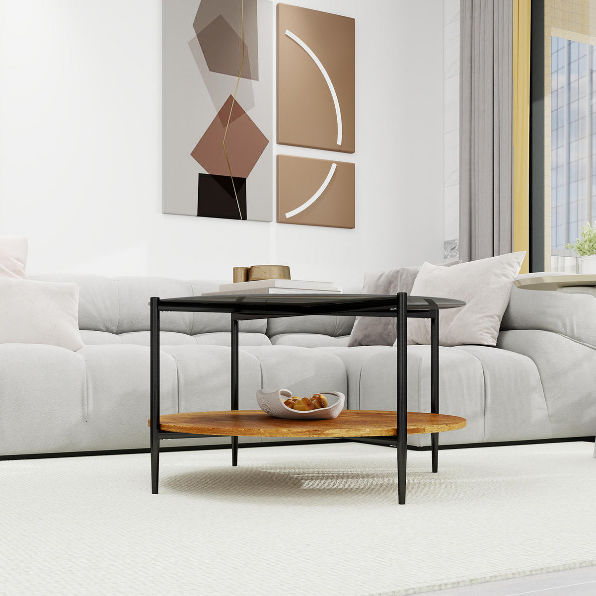 COUCHTISCH Ø 82/45 cm in Schwarz mit Glasplatte und Ablage - Schwarz, Glas (82/82/45cm) - BEAOK