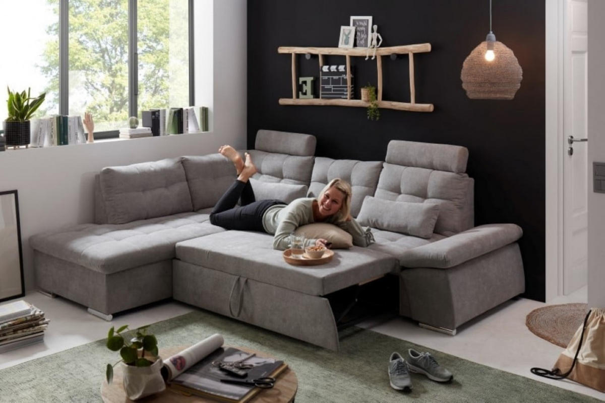 ECKSOFA mit Schlaffunktion, Bettkasten und verstellbarer Armlehne - Chromfarben/Schlammfarben, Textil (260/219cm) - ed exciting design