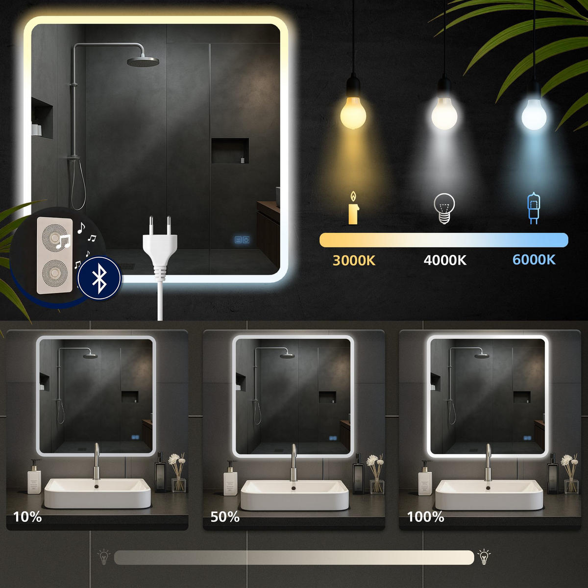 BADSPIEGEL Wien 80x80 Bluetooth 80x3,5x80cm Glas Klarglas Badezimmerspiegel - Klar, Glas (80/80/3.5cm) - DELUKE