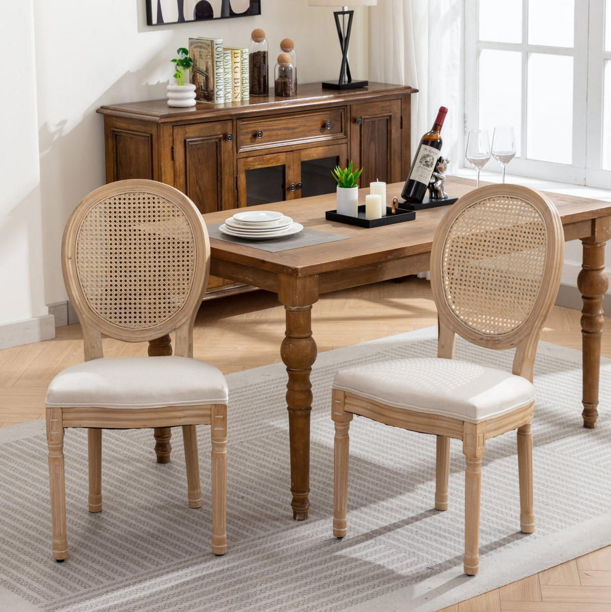 ESSZIMMERSTUHL 2er-Set Französischer Stil Beige Rattan Stoff - Beige, Holz (49/95/59.5cm) - Meubliv