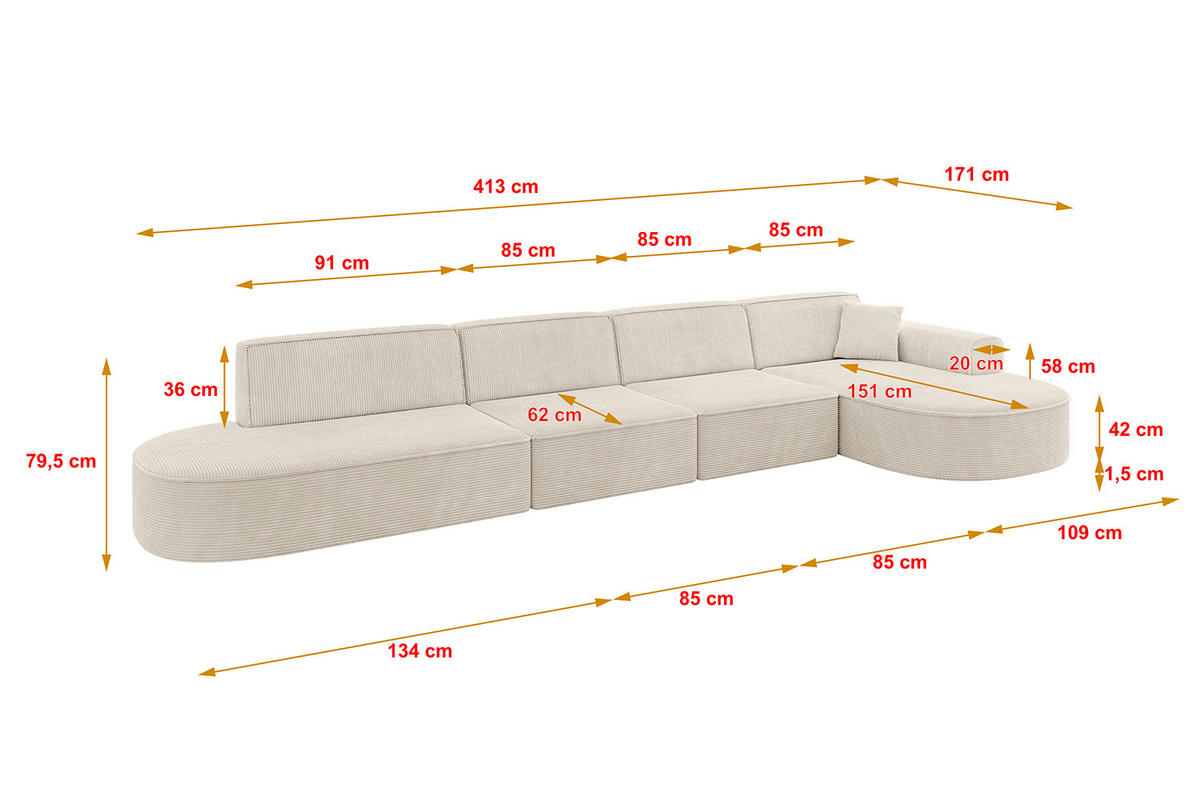 ECKSOFA Ottomane Rechts MARI-L3 - 413x171x79 cm Beige Cord - Beige/Schwarz, Holzwerkstoff/Kunststoff (171/413cm) - ALTDECOR