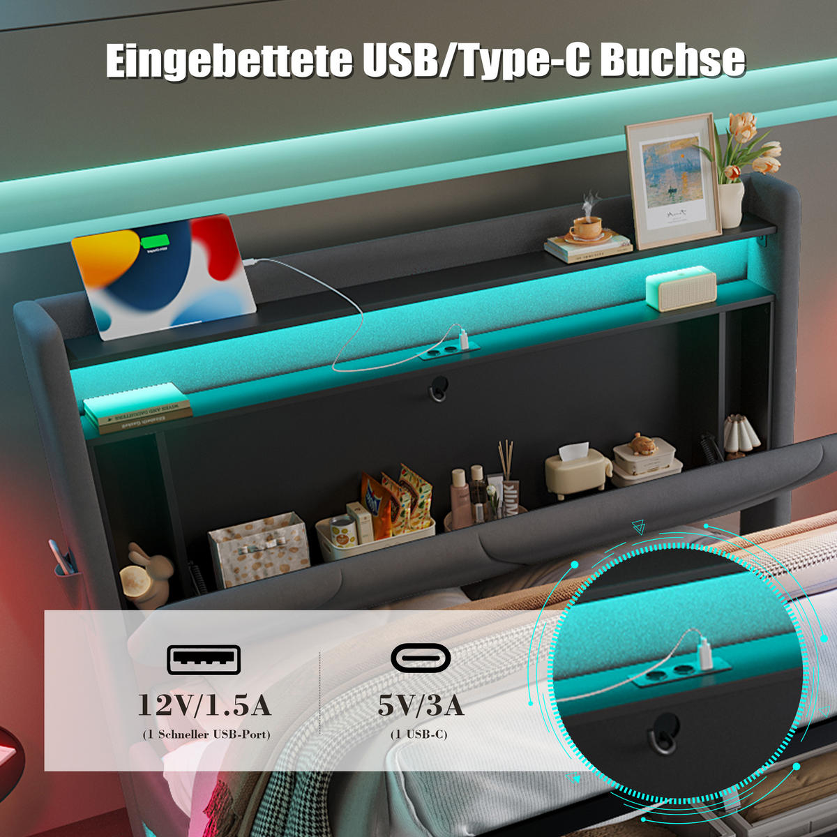 POLSTERBETT 160x200 cm LED USB Stauraum - Dunkelgrau, Textil (160/200cm) - LEBENLANG