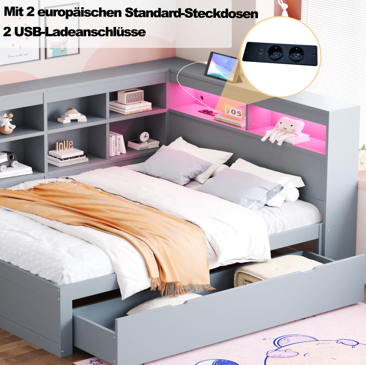 RAHMENBETT 140/200 cm in Grau mit Stauraum, LED-Beleuchtung und USB - Grau, Holz (140/200cm) - Flora Grace