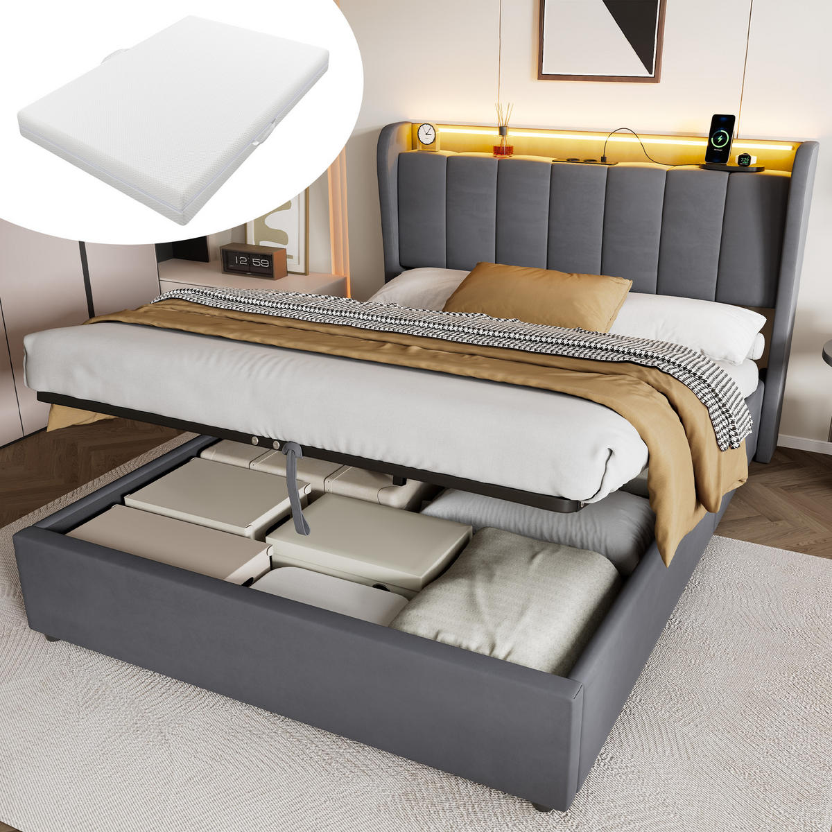 POLSTERBETT 90×200 mit Bettkasten und Matratze,Dunkelgrau - Grau, Holzwerkstoff/Textil (140/200cm) - EVRYAE