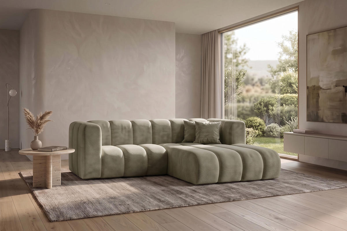 ECKSOFA Modulares In L-Form, Velvet-Stoff Riviera, Beige, Rechts, GRAND - Beige, Holz (227/179cm) - Kaiser Möbel